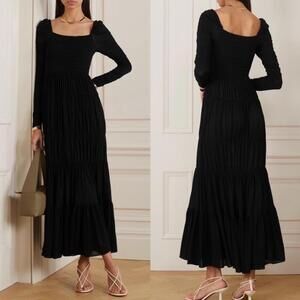 La Ligne Mariella Dress Black Smocked Maxi Square Neck Long Sleeve Sz‎ M